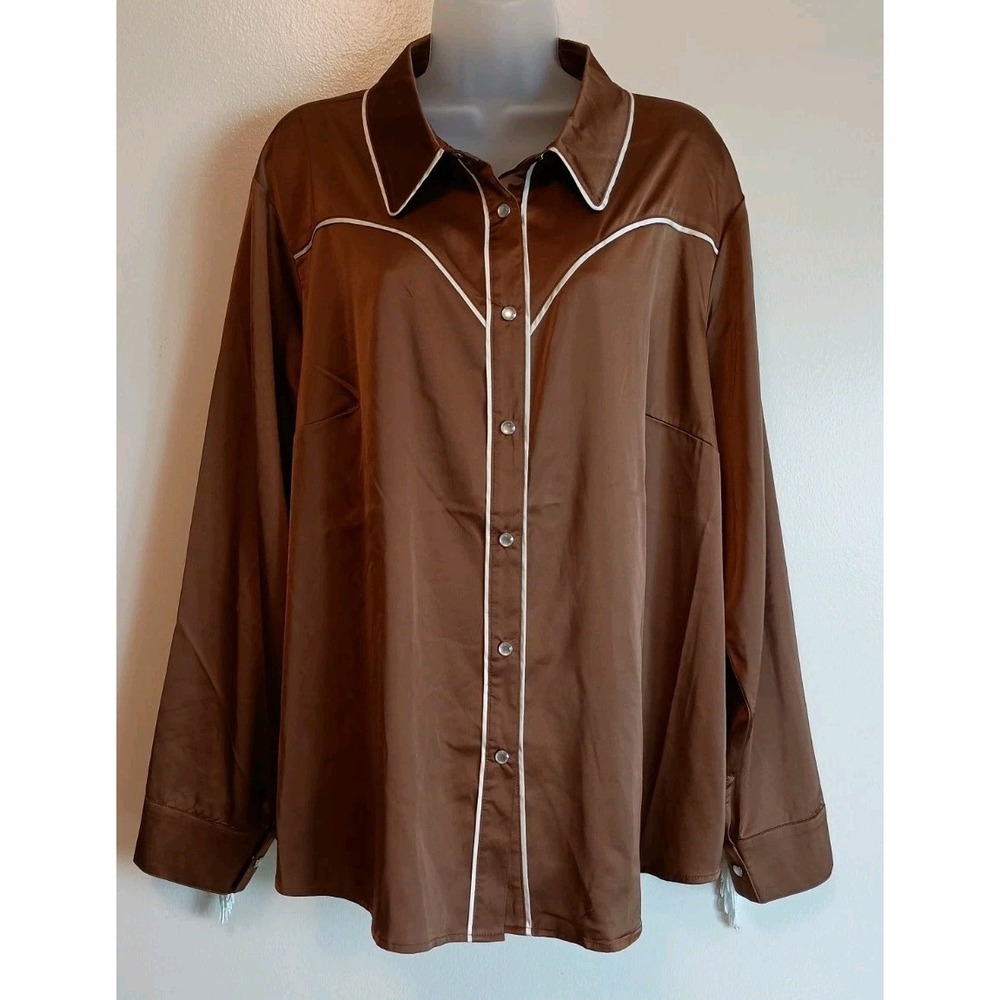 Cato 18/20W Brown Satin Western Shirt Pearl Snap Fringe Cowgirl Rodeo Plus Size